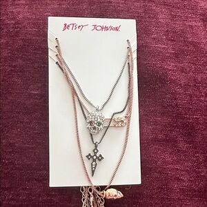 Betsey Johnson Silver and Rose Gold Skull Necklace Trio